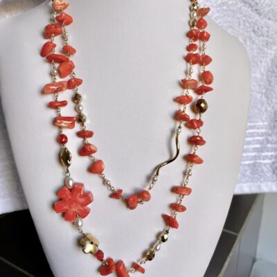 Collana rosario corallo bambù rosso lunga ceramica nome Papavero