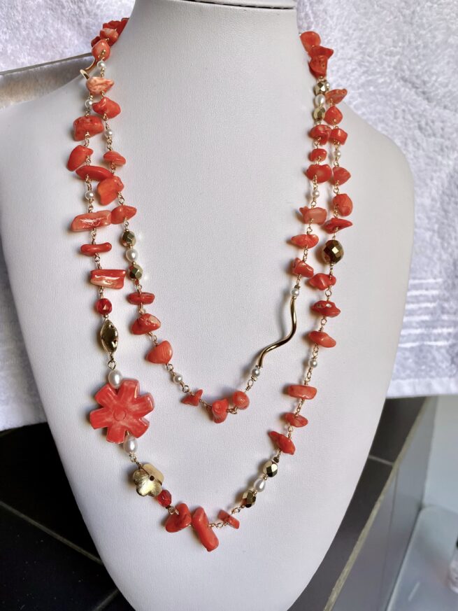 Collana rosario corallo bambù rosso lunga ceramica nome Papavero