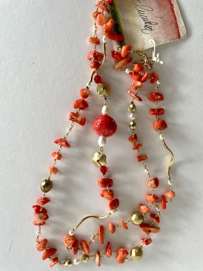 Collana corallo bambù rosso lunga ceramica nome Papavero