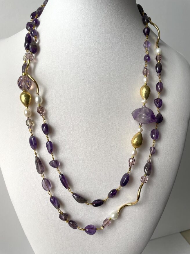 Collana rosario viola ametista lunga con perle cristalli Boemia di nome Luisa
